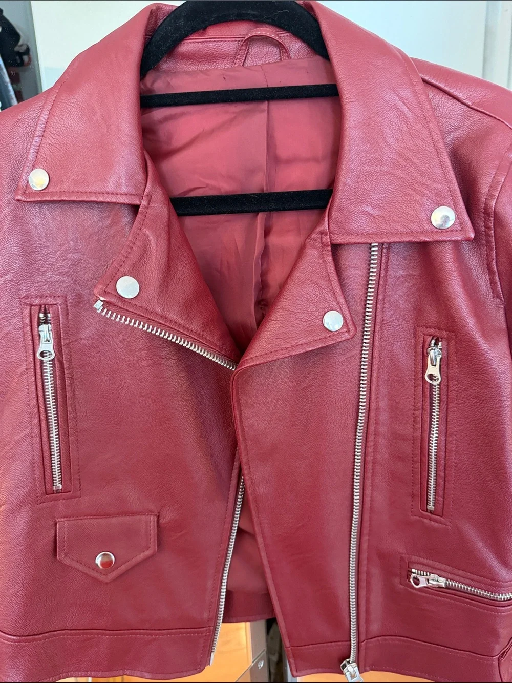 Women’s Red Faux Leather Moto Jacket